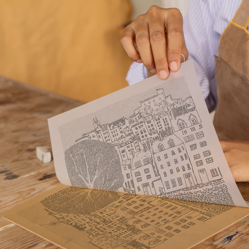 Edinburgh Castle and Royal Mile Linoprint-Style Art (557-2)