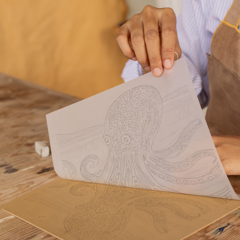 Octopus with swirling tentacles Linoprint-Style Art (1017-1)