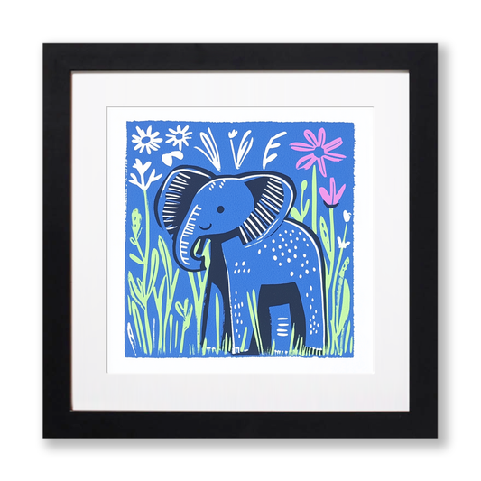 Cute Elephant Calf Linoprint-Style Art (910-2)