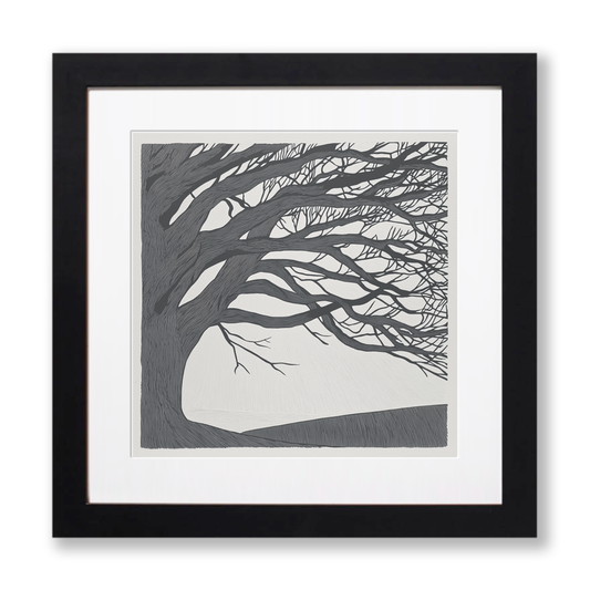 Bare winter tree branches silhouette Linoprint-Style Art (2359-1)