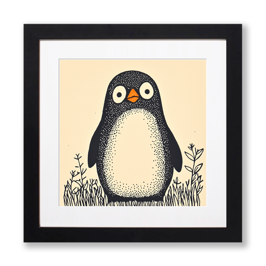 Cute Penguin Chick Linoprint-Style Art (233-1)