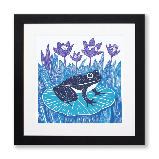 Frog on lily pad Linoprint-Style Art (1006-1)