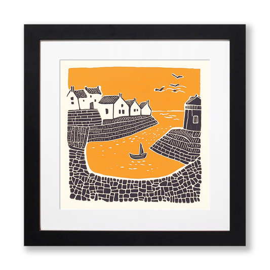 Mousehole Harbour, Cornwall Linoprint-Style Art (304-1)