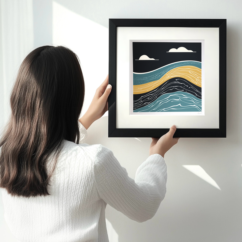 Abstract waves Linoprint-Style Art (1118-1)