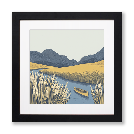 Canoe in reeds at Elterwater Linoprint-Style Art (2380-1)