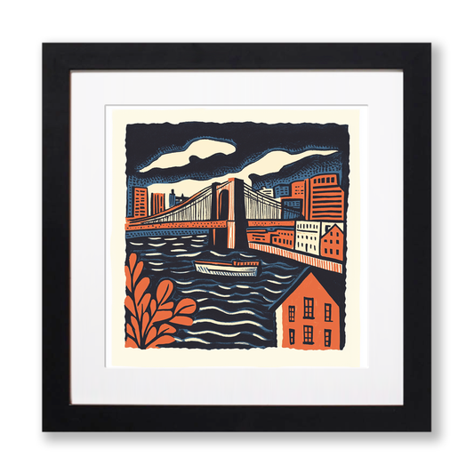 New York Brooklyn Bridge Linoprint-Style Art (22-5)