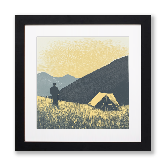 Wild campers tent at dawn silhouette Linoprint-Style Art (2602-1)