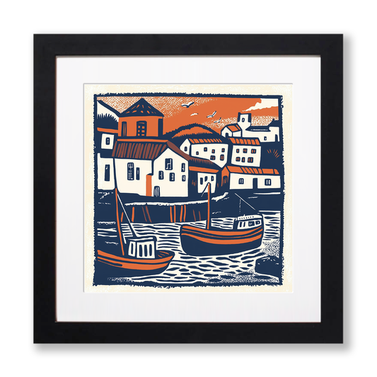 Padstow Harbour, Cornwall Linoprint-Style Art (143-1)