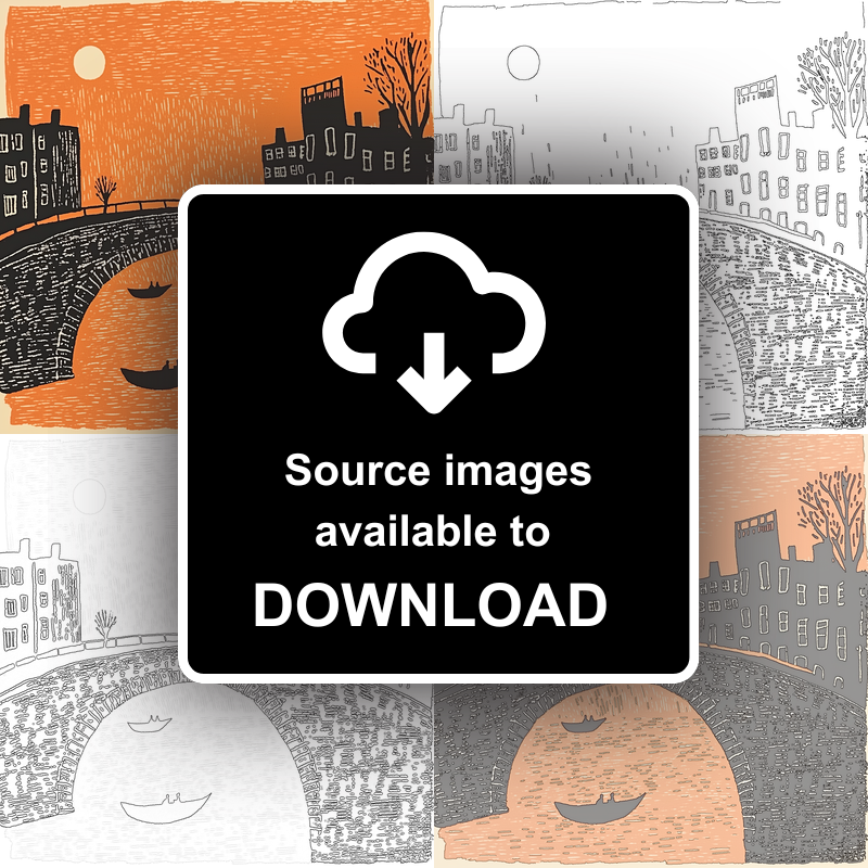 Cambridge punts and bridges Linoprint-Style Art (168-1)