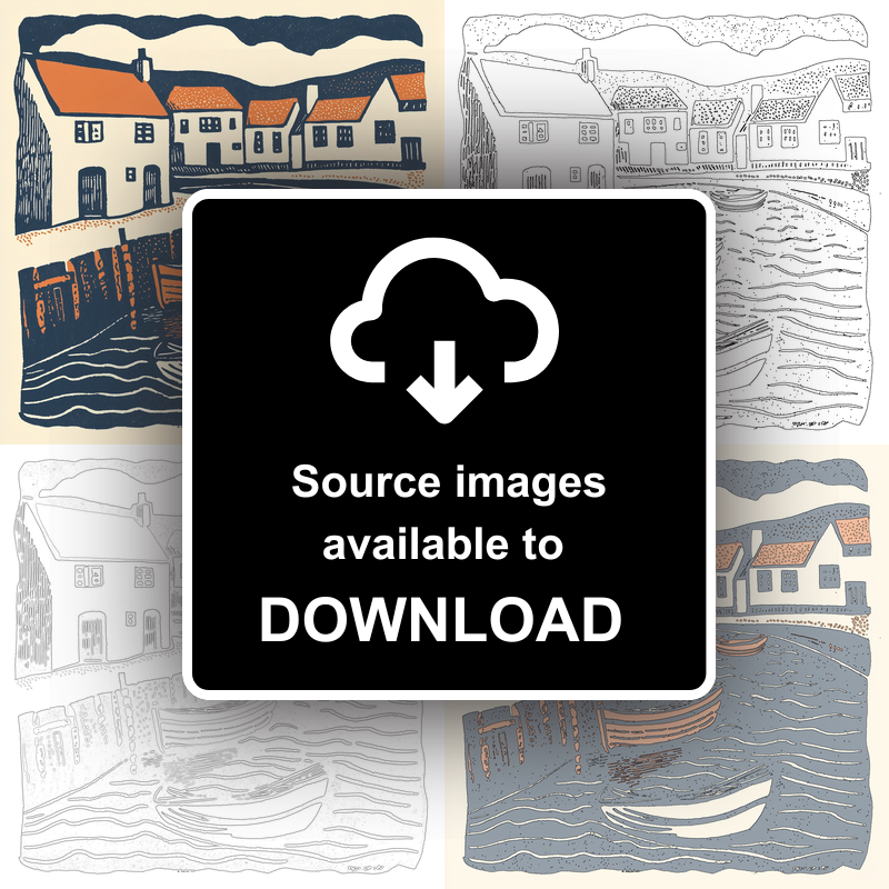Broadland village with boat moorings Linoprint-Style Art (1964-1)