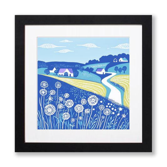 Dandelions by roadside verge Linoprint-Style Art (1779-1)