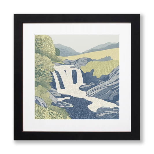 Aira Force waterfall in the Lake District Linoprint-Style Art (2355-3)