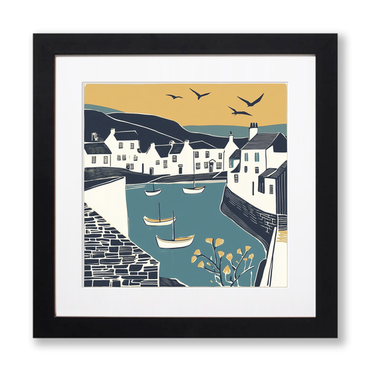 Port Isaac Linoprint-Style Art (1185-1)