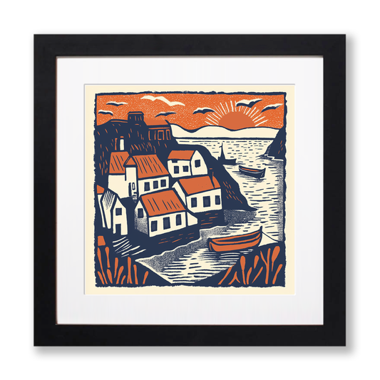 Whitby Harbour, North Yorkshire Linoprint-Style Art (162-1)
