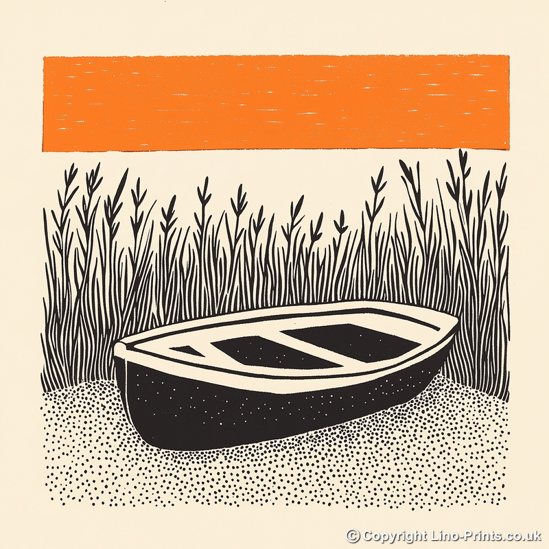 Beached dinghy in the mud Linoprint-Style Art (2059-2)