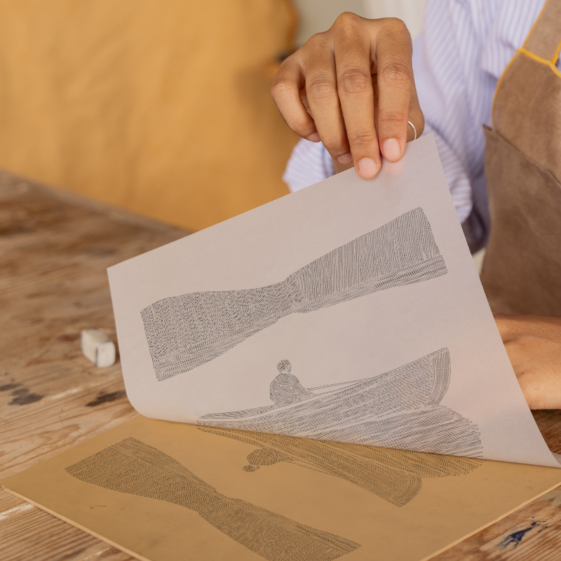 Person rowing boat with reflections Linoprint-Style Art (2498-5)
