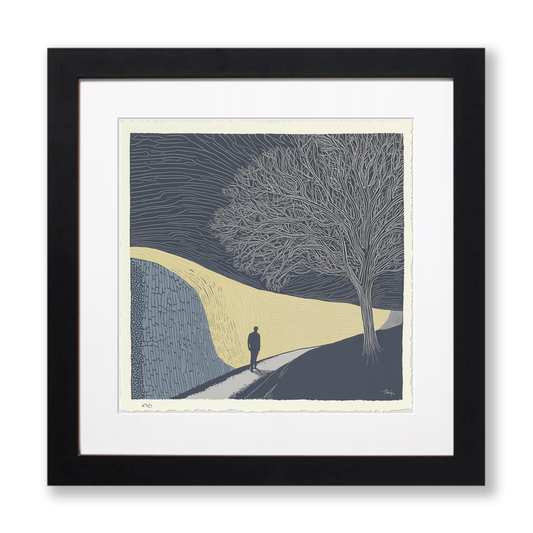 Wall silhouette leading towards a silhouetted tree Linoprint-Style Art (2593-3)