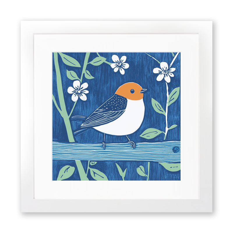 Cute Baby Robin Linoprint-Style Art (901-1)