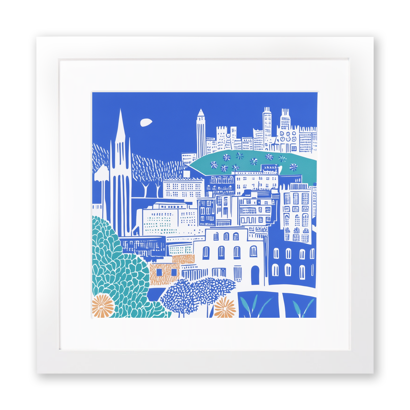 Barcelona skyline Linoprint-Style Art (838-1)