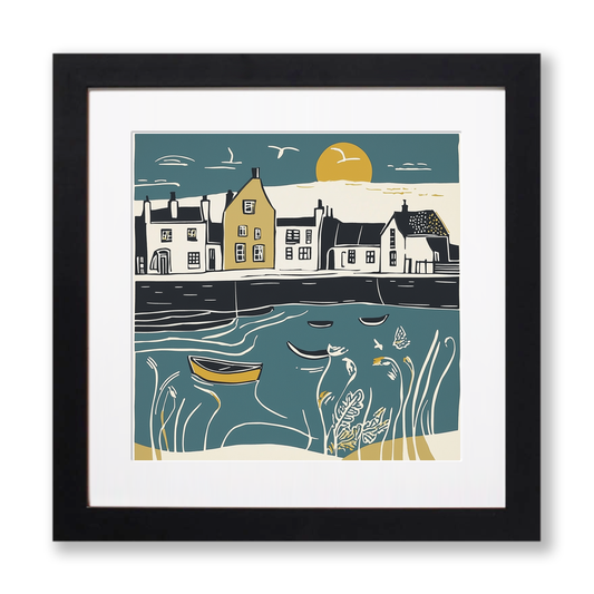 Mousehole Harbour Linoprint-Style Art (1182-1)