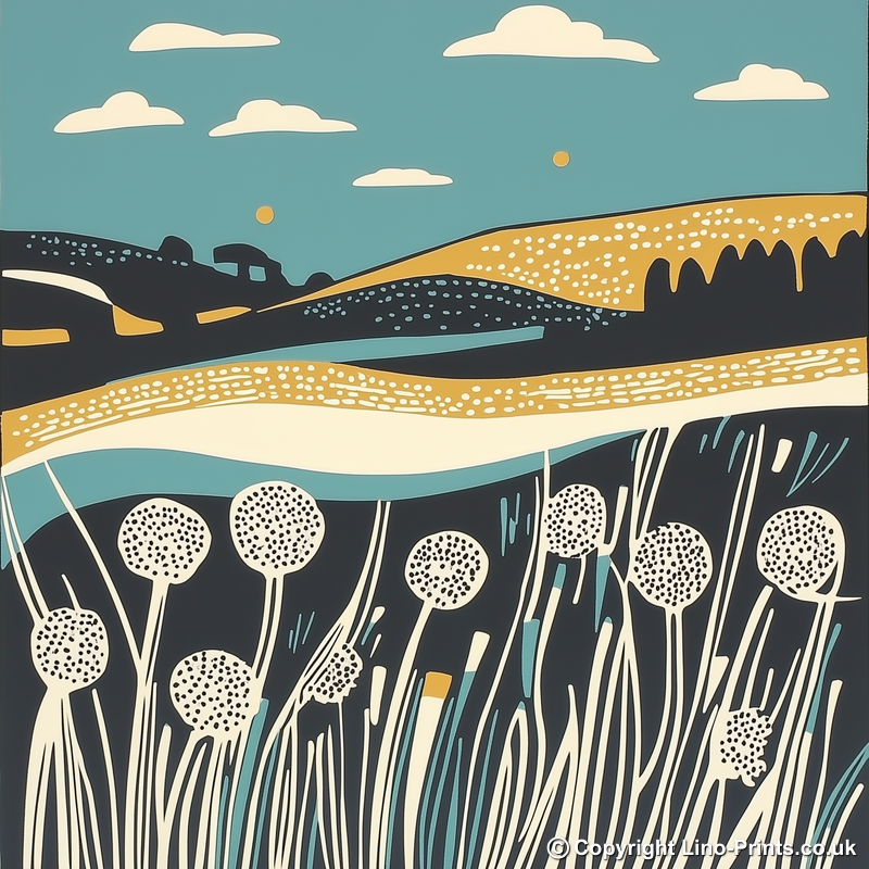 Dandelions by roadside verge Linoprint-Style Art (1879-1)