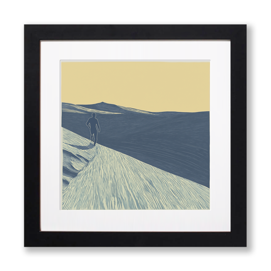 Fell runner silhouette descending slope Linoprint-Style Art (2426-1)