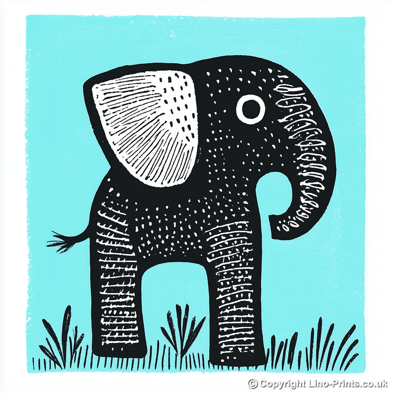 Cute Elephant Calf Linoprint-Style Art (619-2)