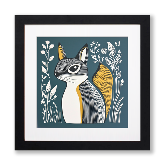 Cute Squirrel Linoprint-Style Art (1228-1)