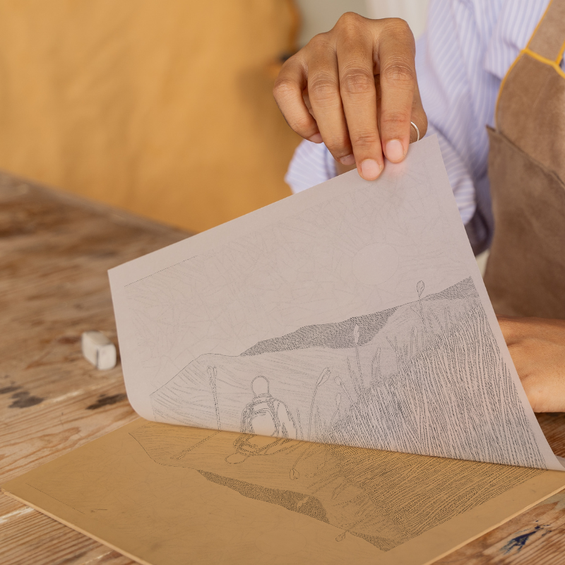 Hiker silhouette watching sunset over fells Linoprint-Style Art (2455-3)