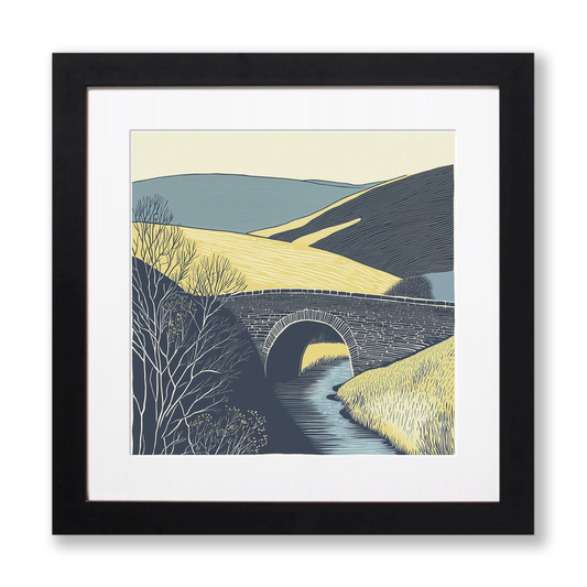 Packhorse bridge over a beck Linoprint-Style Art (2495-1)