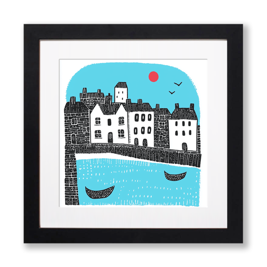 Mousehole Harbour, Cornwall Linoprint-Style Art (805-2)
