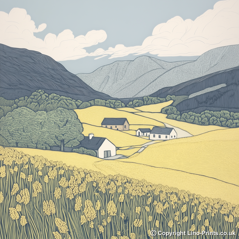 Borrowdale valley farms Linoprint-Style Art (2373-4)