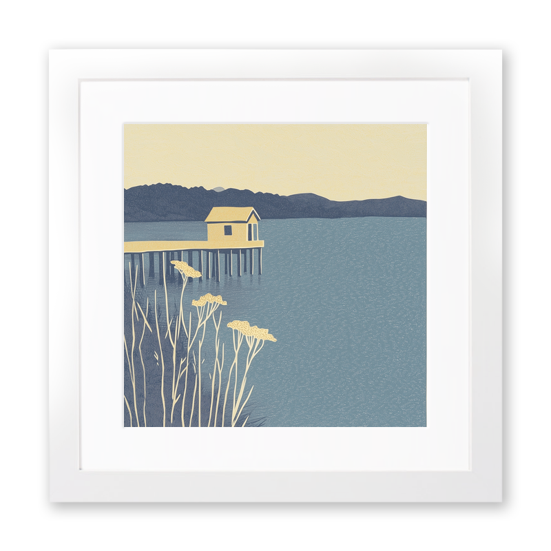 Boathouse silhouette on lake edge Linoprint-Style Art (2371-2)