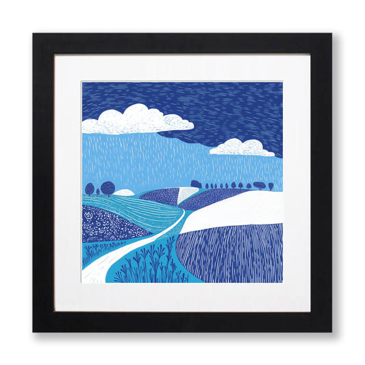 Rainclouds over open farmland Linoprint-Style Art (1818-1)