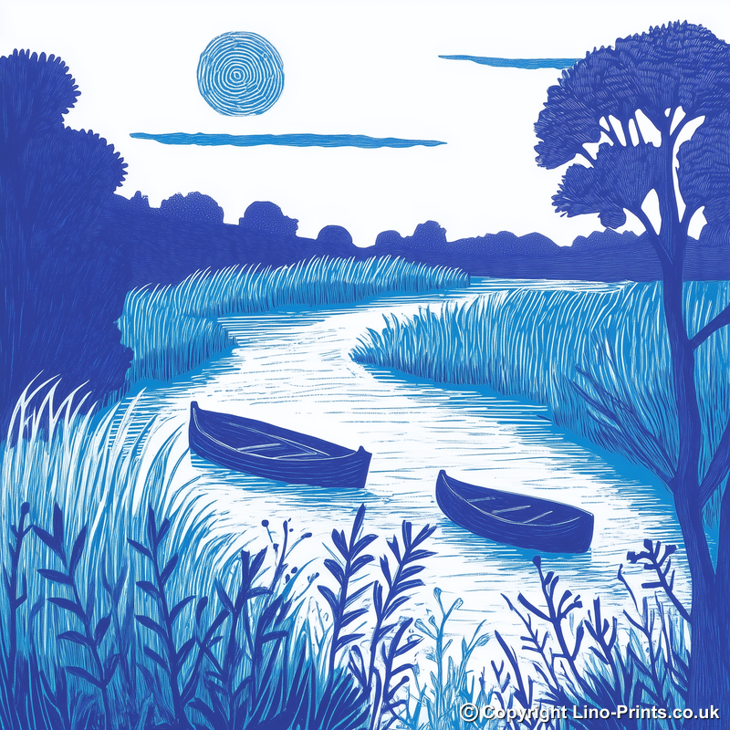 Misty sunrise over River Bure Linoprint-Style Art (1804-1)