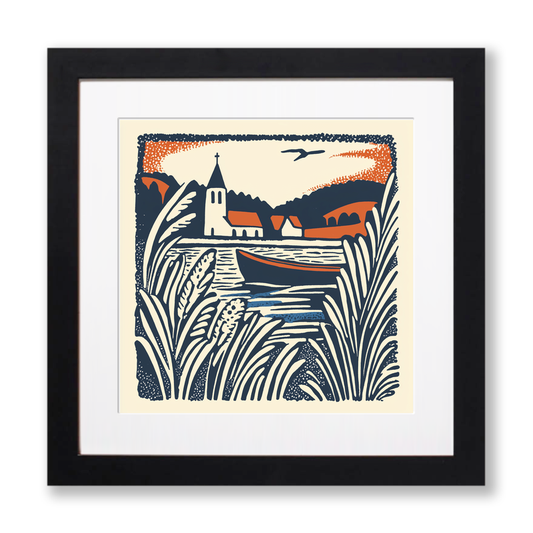 Distant church spire over the reeds Linoprint-Style Art (1980-1)