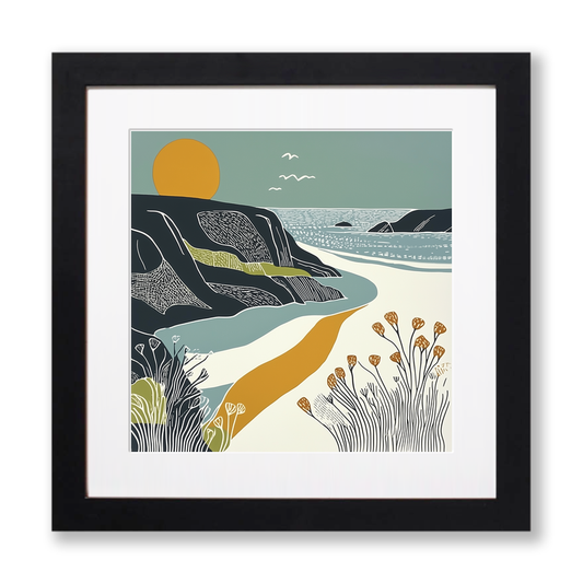 Porthcurno Beach Linoprint-Style Art (1186-2)