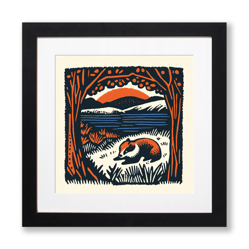 Cute Baby Badger Linoprint-Style Art (43-4)