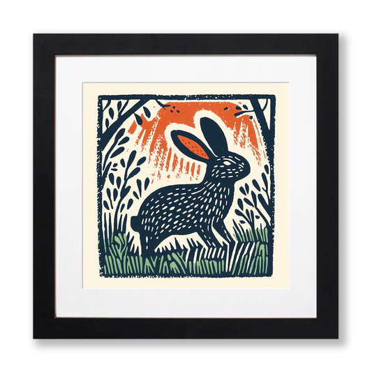 Cute Bunny Linoprint-Style Art (47-3)