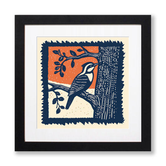 Woodpecker on tree trunk Linoprint-Style Art (118-2)