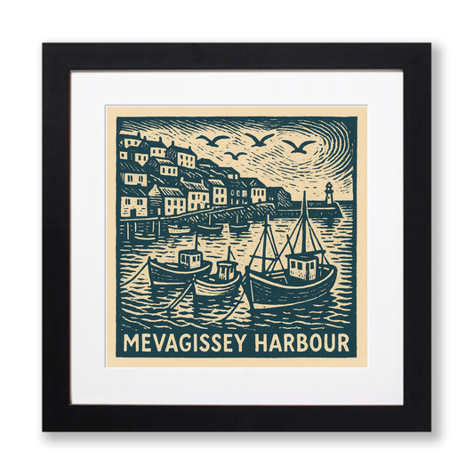 Mevagissey Harbour Linoprint-Style Art (c3)