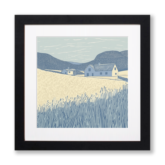 Whitewashed farm building Linoprint-Style Art (2600-1)