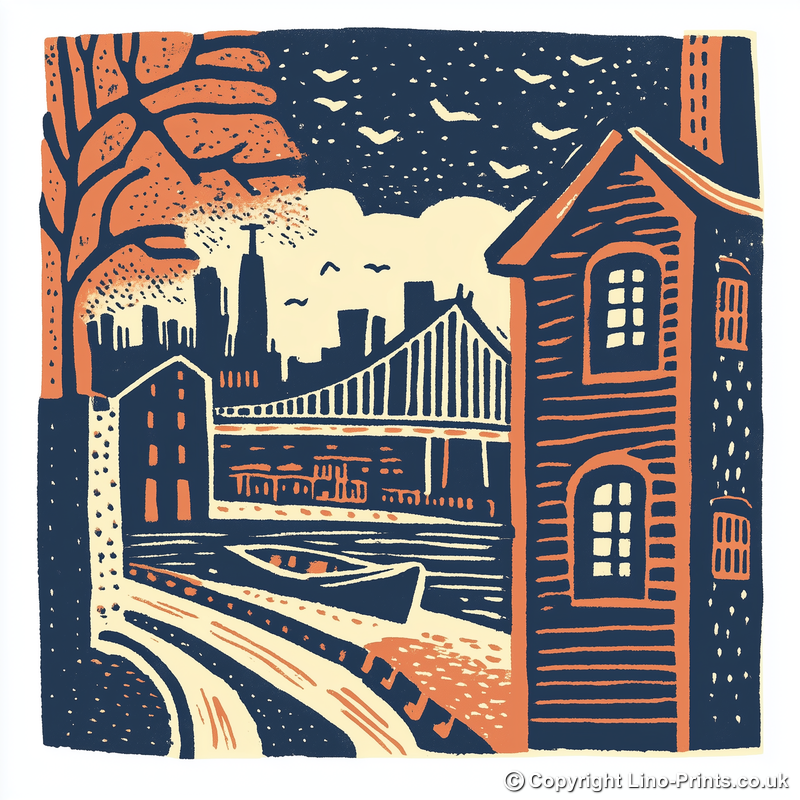 New York Brooklyn Bridge Linoprint-Style Art (22-4)