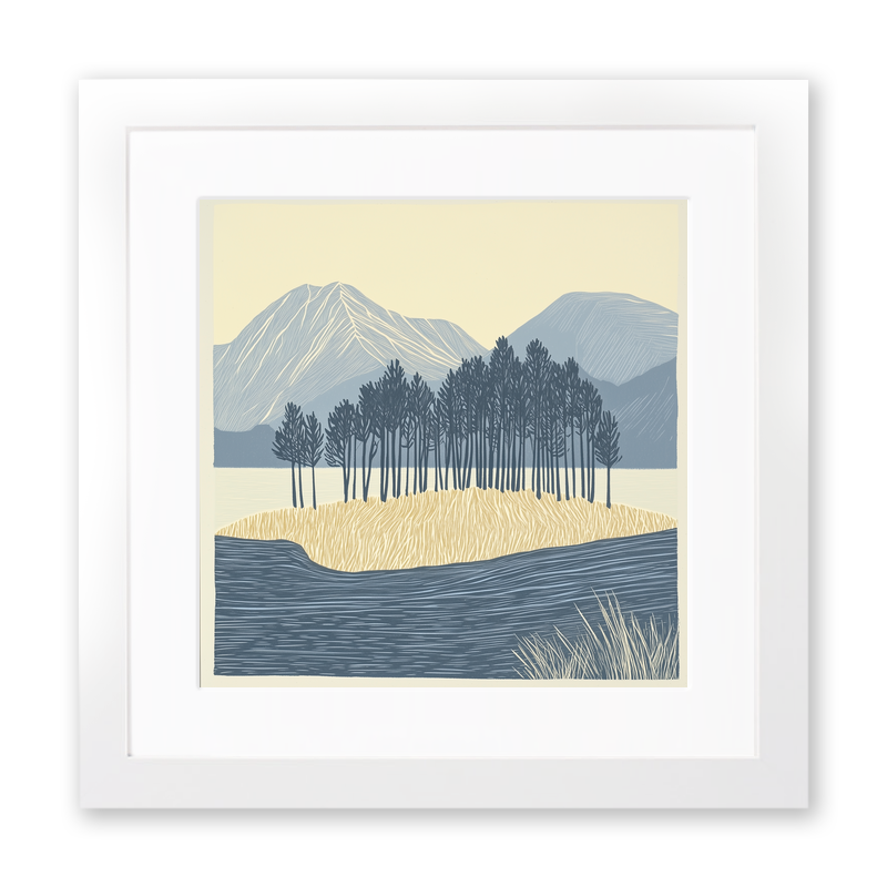 Pine trees silhouette on a lake island (e.g., Derwentwater) Linoprint-Style Art (2504-3)