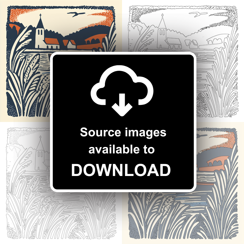 Distant church spire over the reeds Linoprint-Style Art (1980-1)