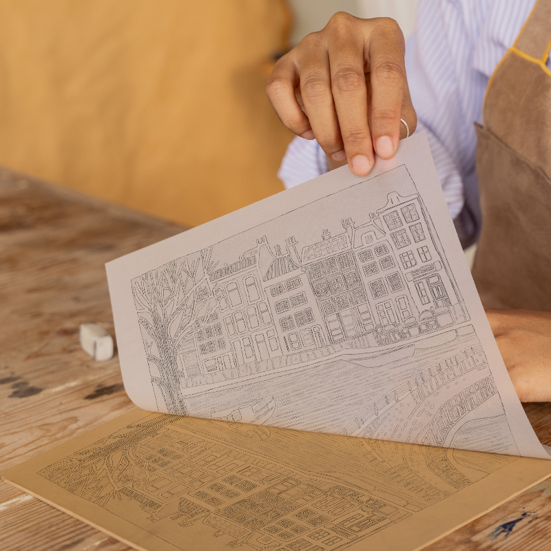 Amsterdam canal at twilight Linoprint-Style Art (836-3)