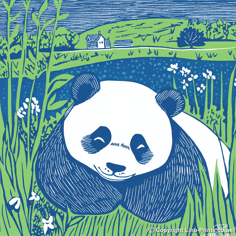 Cute Panda Cub (Giant Panda) Linoprint-Style Art (926-2)