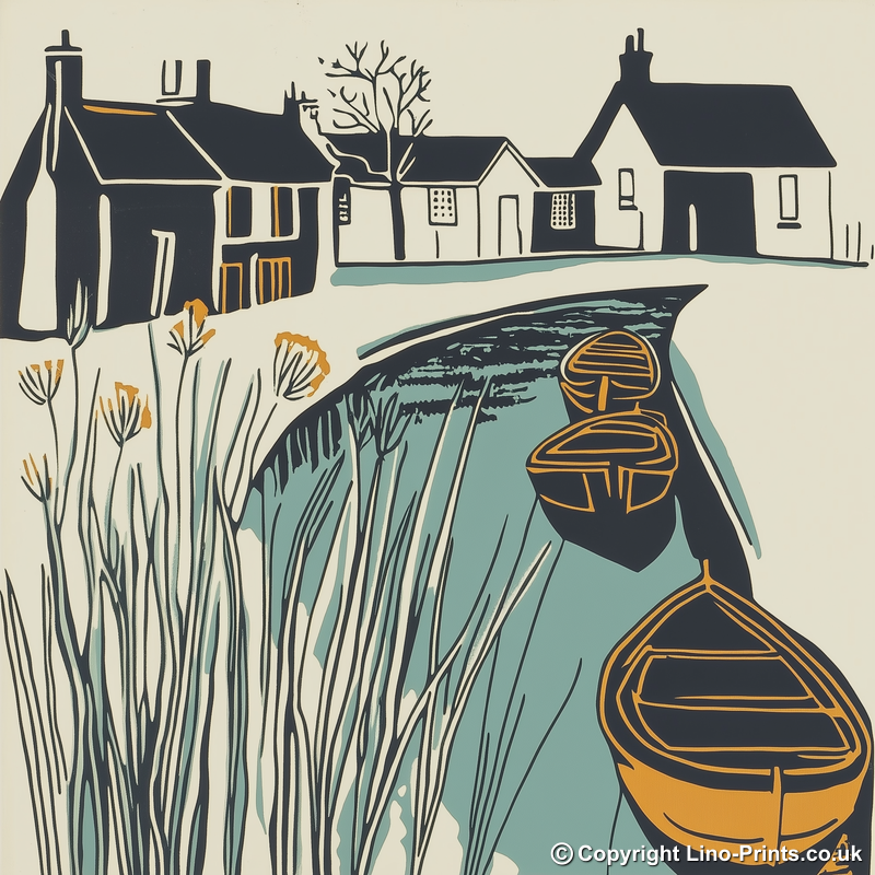 Broadland village with boat moorings Linoprint-Style Art (1864-1)