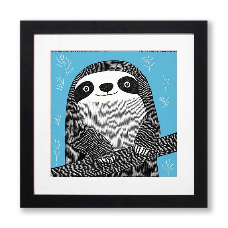 Cute Sloth Linoprint-Style Art (645-1)