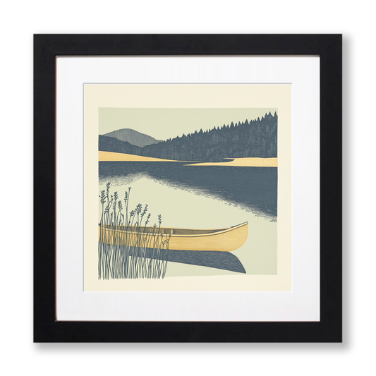 Kayak or canoe on a quiet lake Linoprint-Style Art (2466-1)